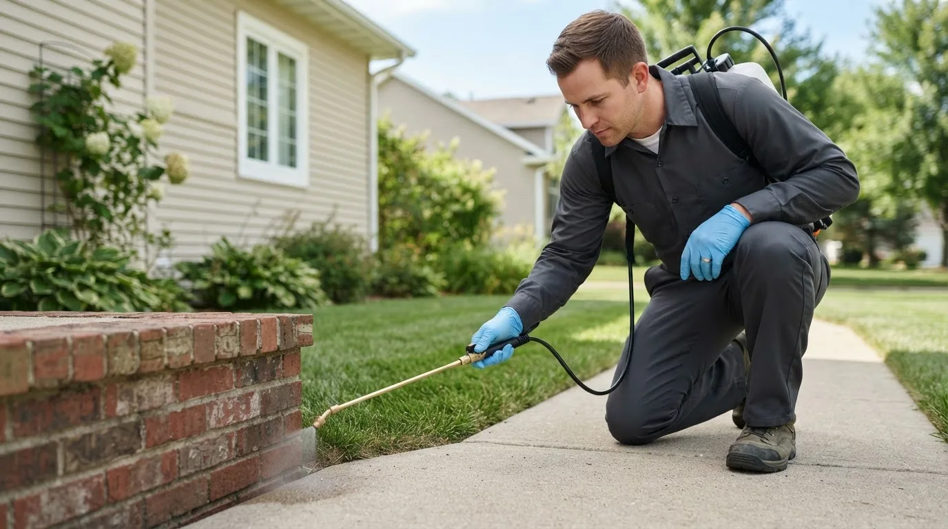 Pest control technician treating a home near Fredonia, PA