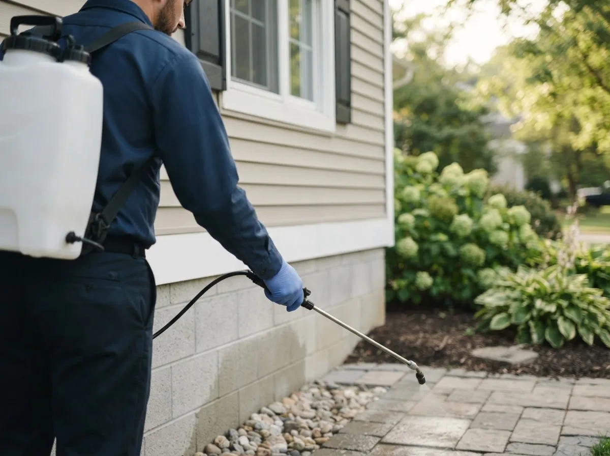 Pest control technician inspecting a home in Fredonia, PA